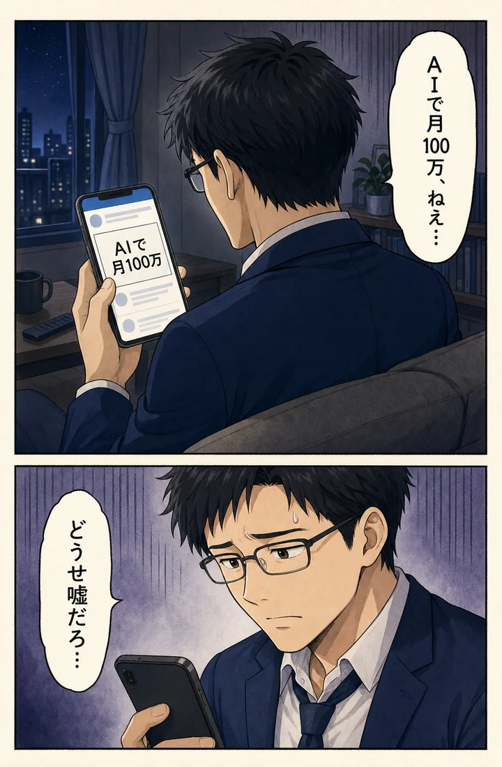 漫画: 夜のリビング。会社帰りの主人公がスマホで「AIで月100万」の投稿を見て、どうせ嘘だろとつぶやく場面