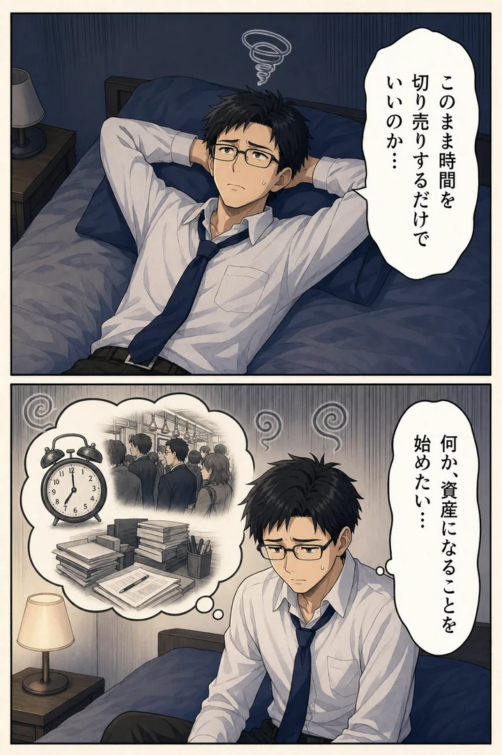 漫画: このまま時間を切り売りするだけでいいのか、何か資産になることを始めたい、と夜の天井を見上げる場面