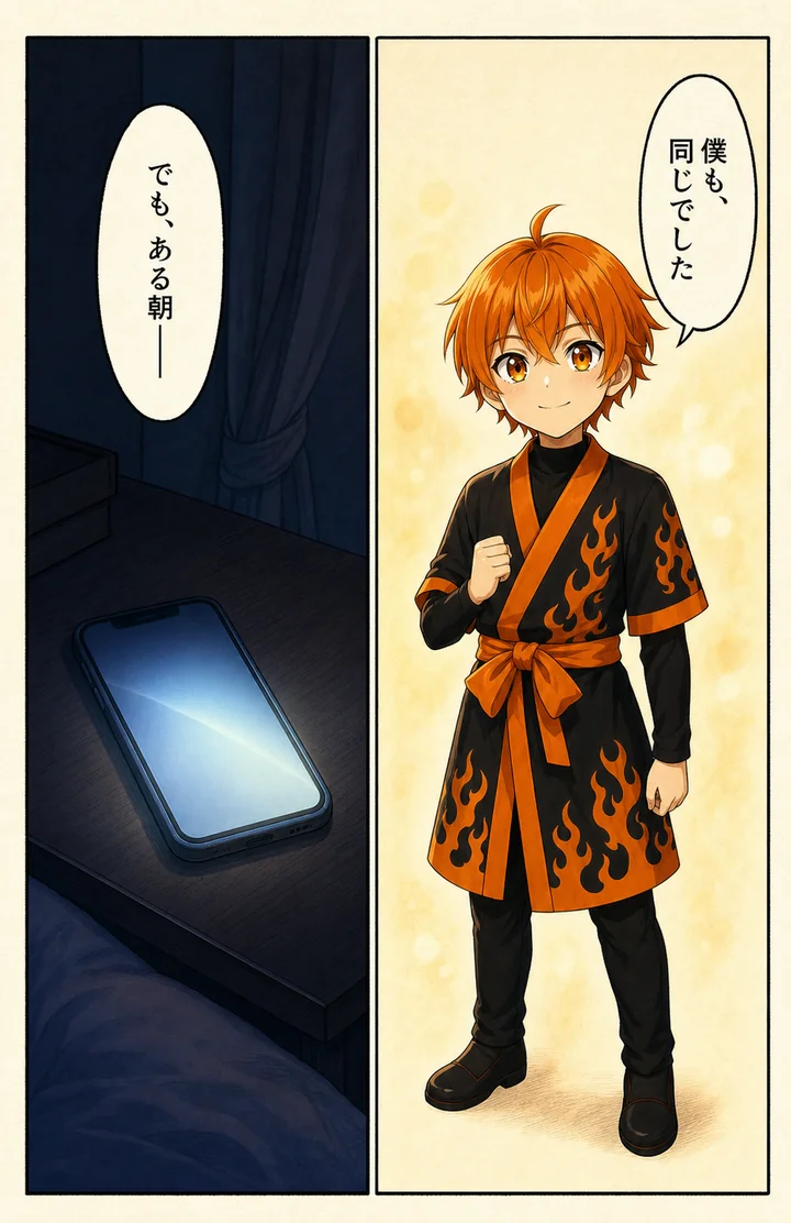 漫画: リツトが「僕も、同じでした」と語りかける。でも、ある朝——枕元のスマホが光る