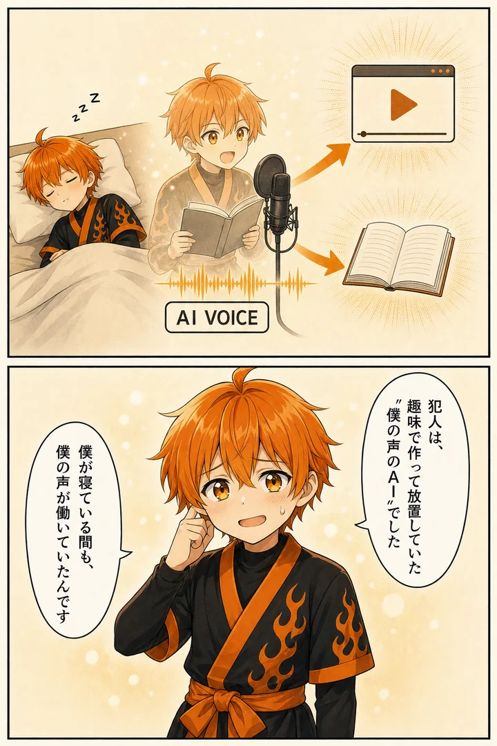 漫画: 犯人は、趣味で作って放置していた僕の声のAI。僕が寝ている間も、僕の声が働いていた種明かしの図解