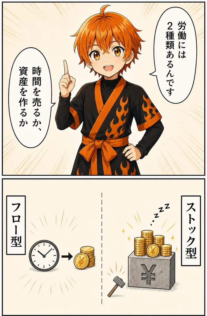 漫画: 労働には2種類あるんです。時間を売るフロー型と、資産を作るストック型の対比図解