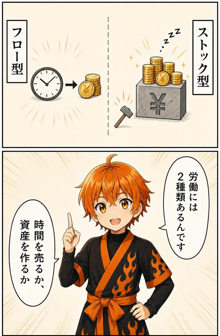 漫画: 労働には2種類あるんです。時間を売るフロー型と、資産を作るストック型の対比図解