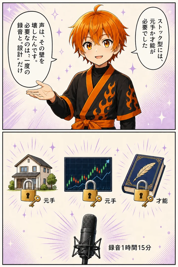 漫画: ストック型には元手か才能が必要でした。声は、その壁を壊した。必要なのは、一度の録音と設計だけ