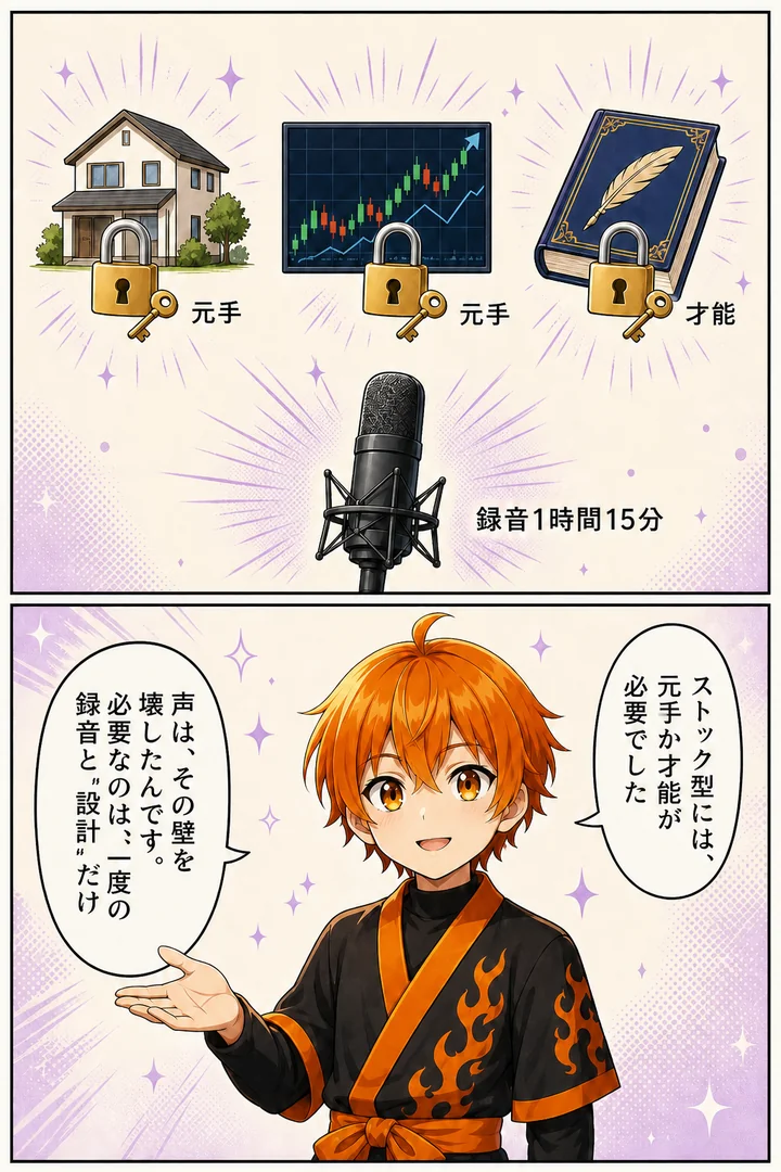漫画: ストック型には元手か才能が必要でした。声は、その壁を壊した。必要なのは、一度の録音と設計だけ