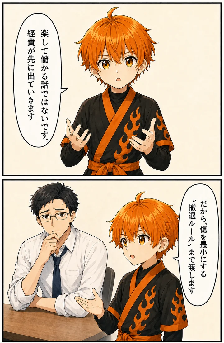 漫画: 楽して儲かる話ではないです。経費が先に出ていきます。だから、傷を最小にする撤退ルールまで渡します